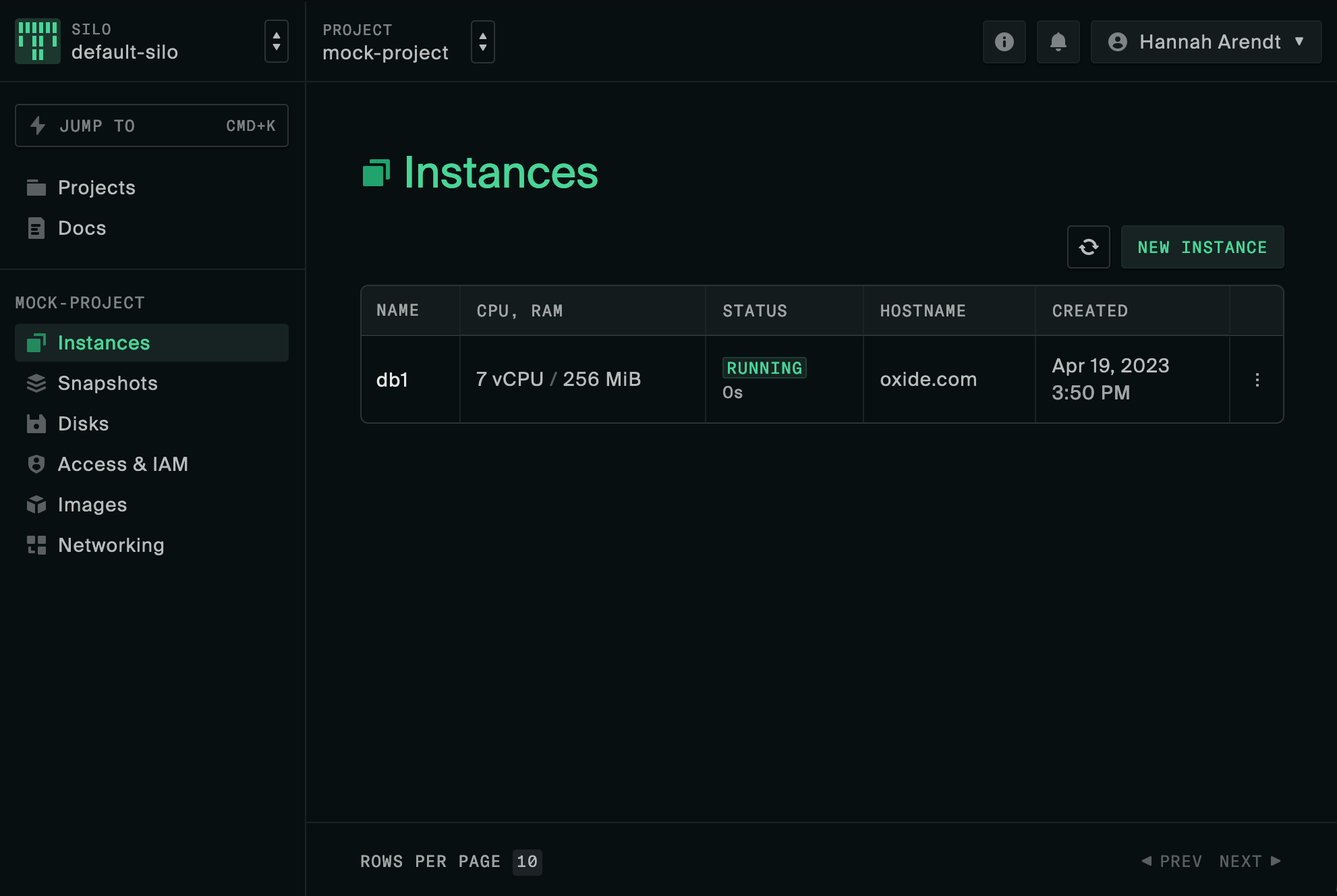 The Cloud Computer web console, with a detailed view of performance stats for instances running on a server.