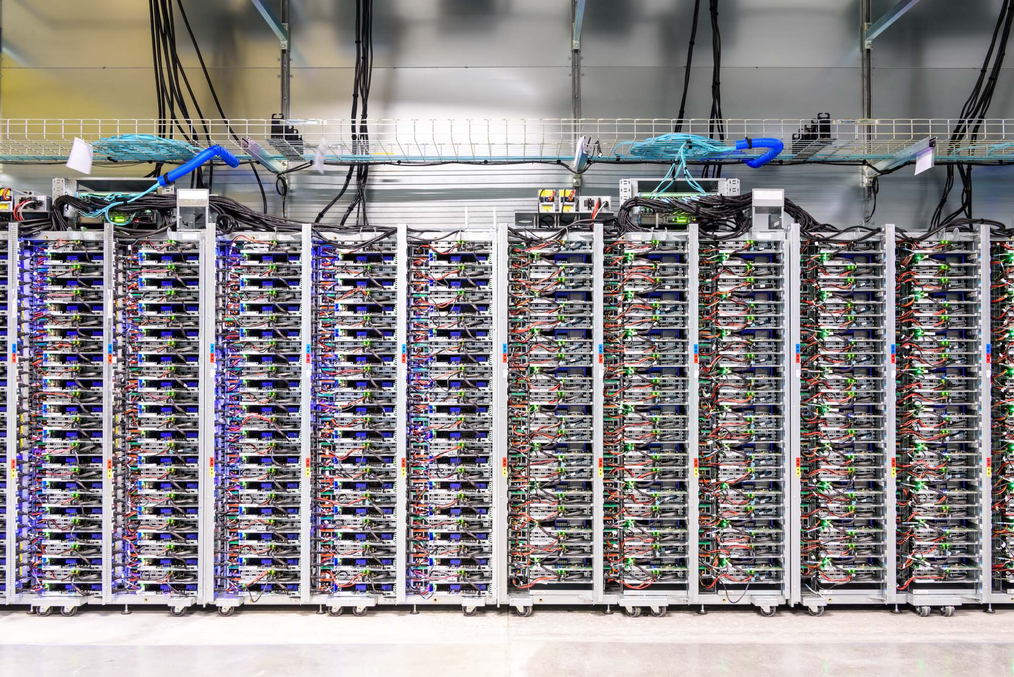 A rack of servers and their networking connections in a Google Cloud data center in Belgium.