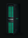 The front view of Oxide's Cloud Computer, a tall black server cabinet filled with green servers called sleds.