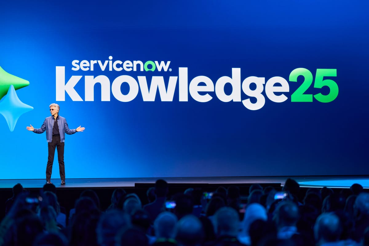 ServiceNow CEO Bill McDermott speaks on stage at Knowledge 2025