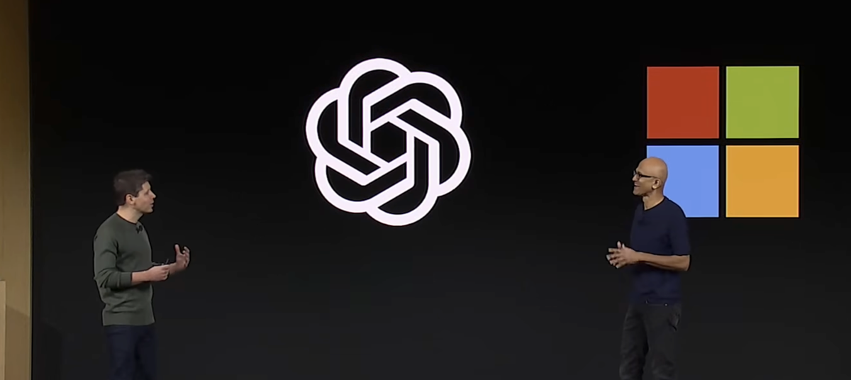 OpenAI CEO Sam Altman and Microsoft CEO Satya Nadella on stage at OpenAI's 2023 DevDay.