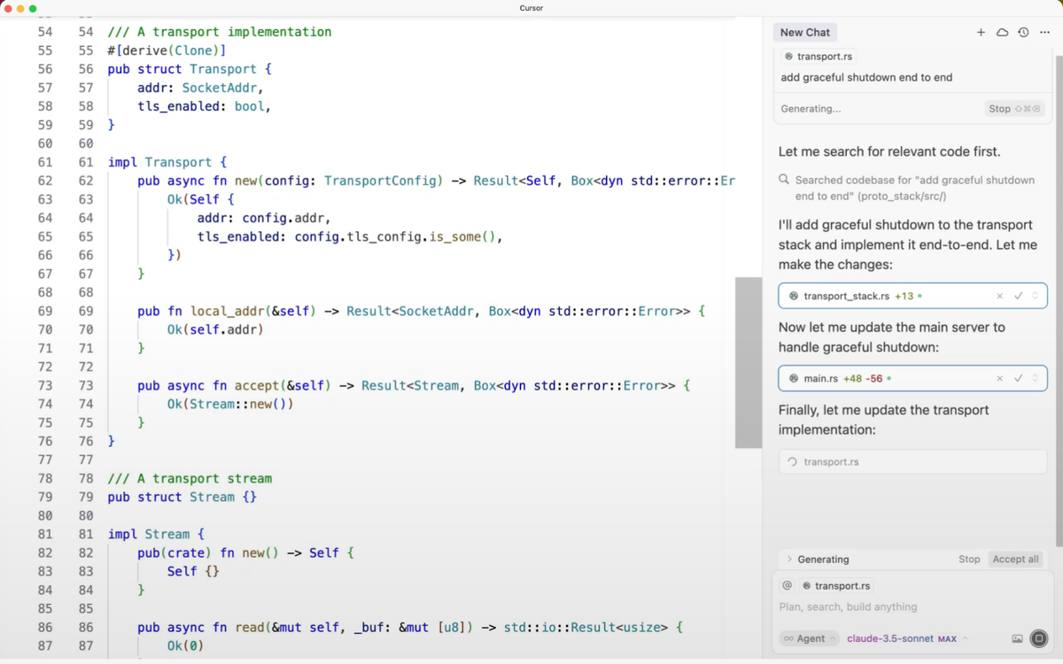 A screenshot of how Cursor tackles generative AI app design, with a traditional code editor interface on the left and a chat interface on the right.