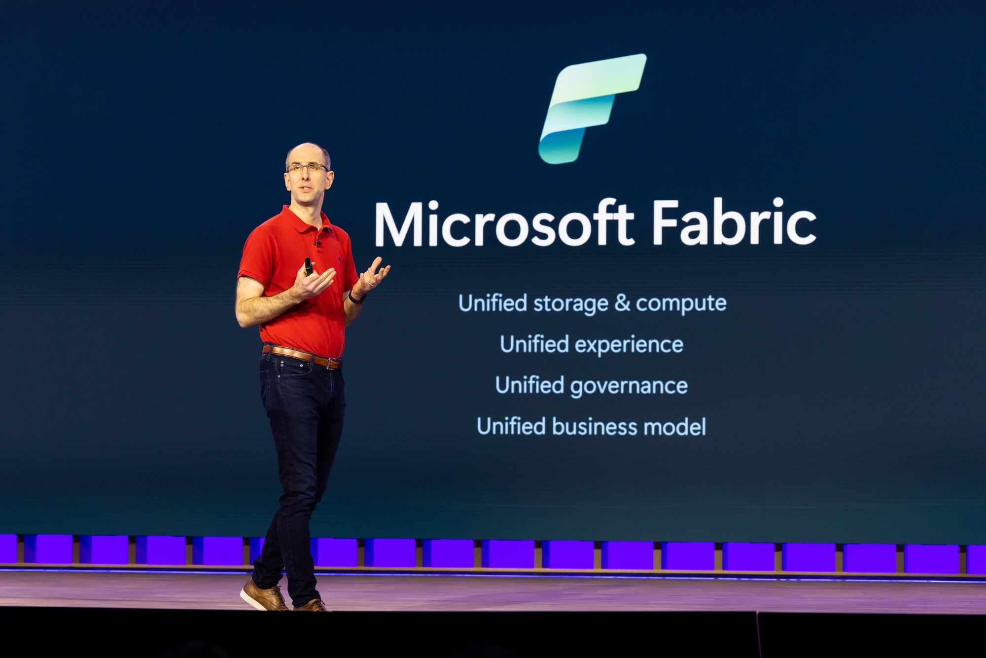 Microsoft's Scott Guthrie, Executive Vice President, Cloud + AI Group, introduces Microsoft Fabric at Build 2023.