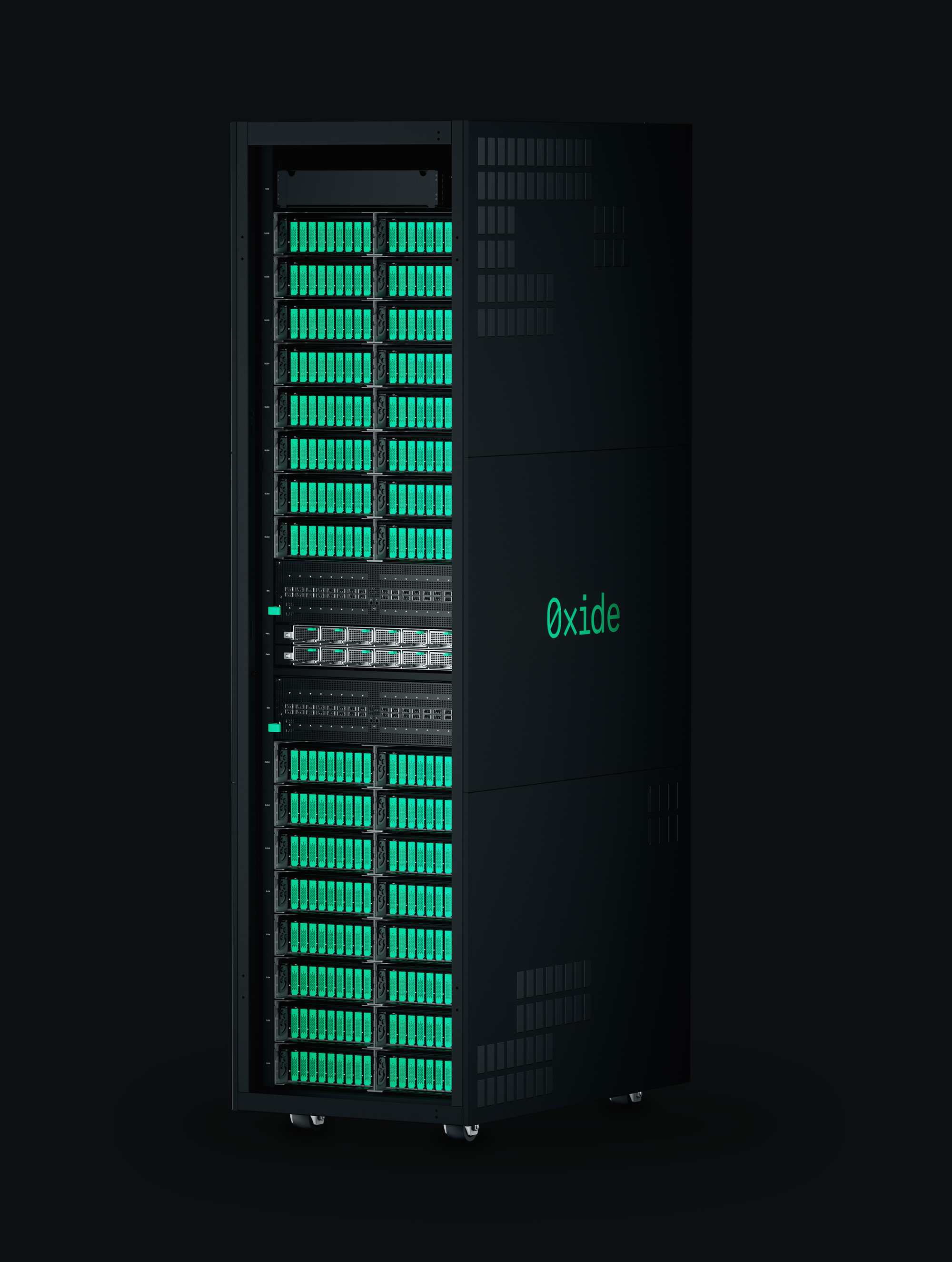 The front view of Oxide's Cloud Computer, a tall black server cabinet filled with green servers called sleds.