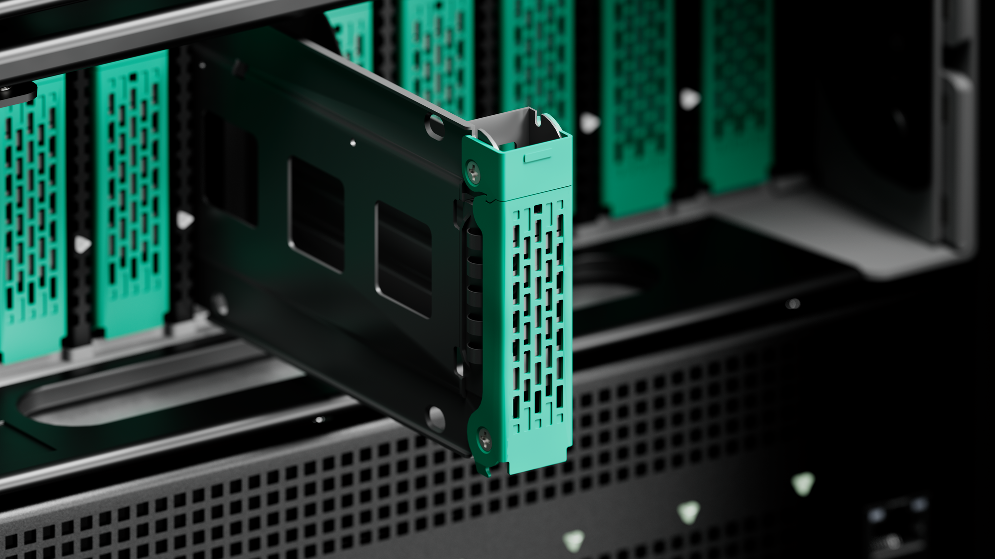 A green storage drive slides out of Oxide's Cloud Computer server.
