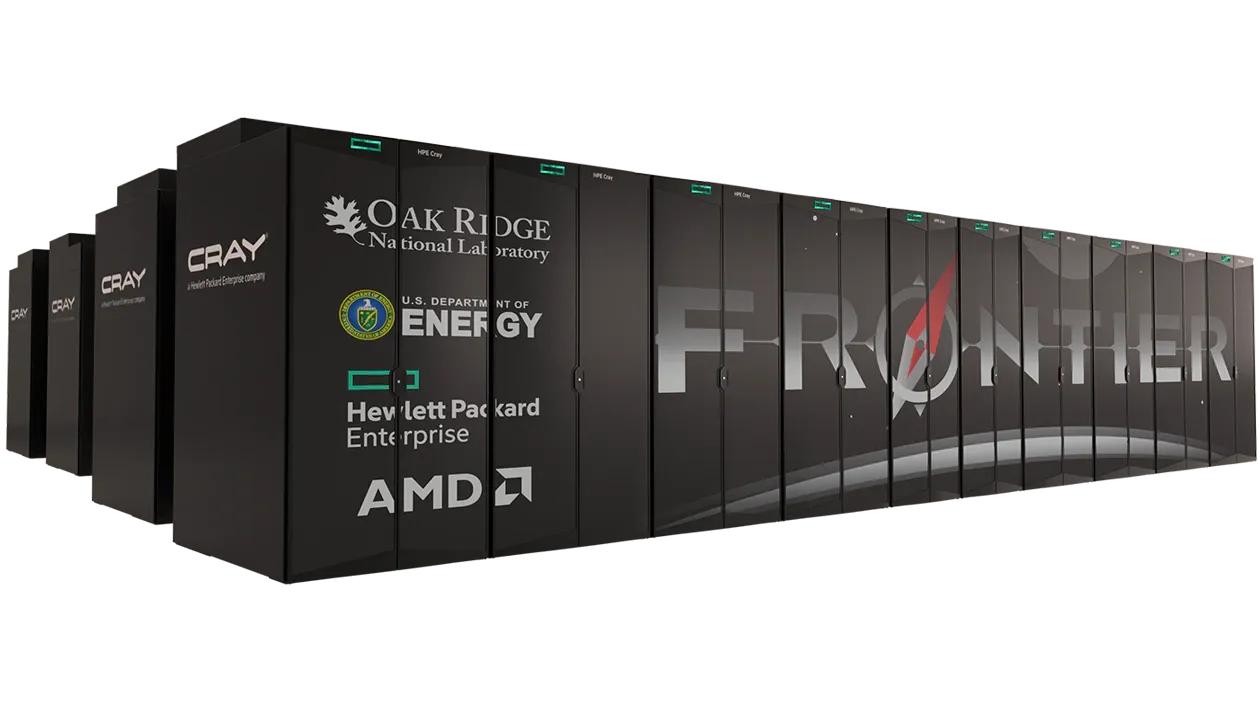 AMD's Frontier supercomputer is a long, large black cabinet with thousands of processors inside.