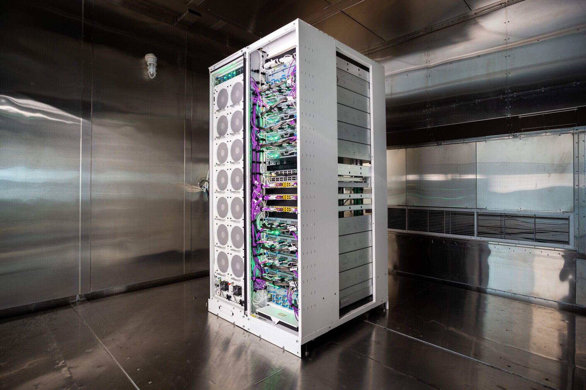 A new tall rectangular rack design from Microsoft shown here uses liquid cooling to keep its new Maia chips happy.